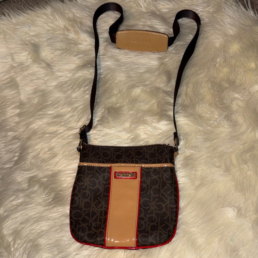Calvin Klein Dark Brown and Beige Messenger Bag